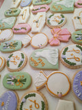 Cookies Bridal/ wedding pink , sage green with gold accents floral, wildflowers,  COOKIES  royal icing DECORATED -COOKIES)