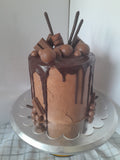 Cake, Decadent chocolate cake,  6 inch round, drip and candy bars topped