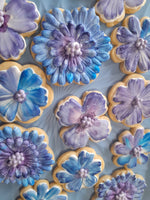 royal iced decorated floral cookies in blue and mauve tones, by 23sweets.com