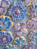 royal iced decorated floral cookies in blue and mauve tones, by 23sweets.com