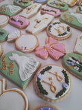 Cookies Bridal/ wedding pink , sage green with gold accents floral, wildflowers,  COOKIES  royal icing DECORATED -COOKIES)
