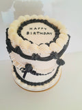 CAKE, birthday cake, round cake, cake, simple vintage look, white with black details