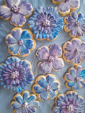 royal iced decorated floral cookies in blue and mauve tones, by 23sweets.com