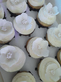 Cupcakes, by the dozen, 1 dozen, white wedding cupcakes with hand shaped gumpaste flower