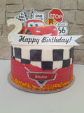 Custom car themed cake, fondant motifs cake, with topper