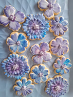 royal iced decorated floral cookies in blue and mauve tones, by 23sweets.com