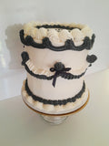 CAKE, birthday cake, round cake, cake, simple vintage look, white with black details