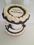 CAKE, birthday cake, round cake, cake, simple vintage look, white with black details