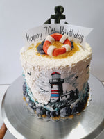 Birthday cake, lighthouse cake, ocean themed, 6 inch round