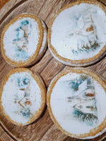 Cookies, Winter themed edible Image COOKIES (any image/ logo) royal icing DECORATED -COOKIES, 1 dozen cookies, Barn cookies, Snowy Church cookies, yesteryear cookies