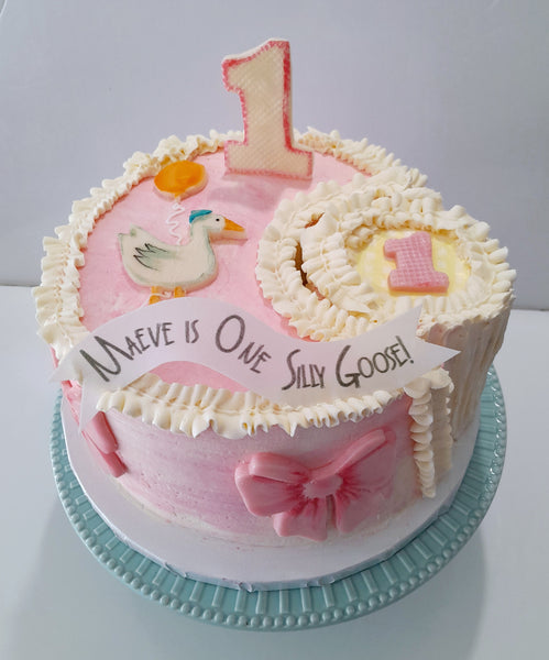 Cake 8" round birthday cake with  One Silly Goose themed