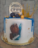 Custom masculine themed 8 inch round cake, fondant motifs cake, with topper