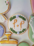 Cookies Bridal/ wedding pink , sage green with gold accents floral, wildflowers,  COOKIES  royal icing DECORATED -COOKIES)