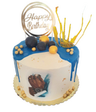 Custom masculine themed 8 inch round cake, fondant motifs cake, with topper