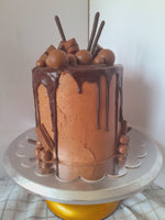 Cake, Decadent chocolate cake,  6 inch round, drip and candy bars topped