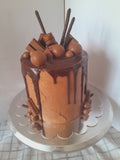 Cake, Decadent chocolate cake,  6 inch round, drip and candy bars topped