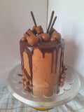 Cake, Decadent chocolate cake,  6 inch round, drip and candy bars topped