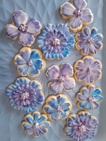 royal iced decorated floral cookies in blue and mauve tones, by 23sweets.com