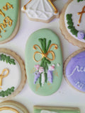 Cookies Bridal/ wedding pink , sage green with gold accents floral, wildflowers,  COOKIES  royal icing DECORATED -COOKIES)
