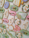 Cookies Bridal/ wedding pink , sage green with gold accents floral, wildflowers,  COOKIES  royal icing DECORATED -COOKIES)