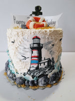 Birthday cake, lighthouse cake, ocean themed, 6 inch round