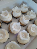 Cupcakes, by the dozen, 1 dozen, white wedding cupcakes with hand shaped gumpaste flower