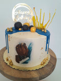 Custom masculine themed 8 inch round cake, fondant motifs cake, with topper