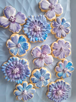 royal iced decorated floral cookies in blue and mauve tones, by 23sweets.com