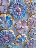 royal iced decorated floral cookies in blue and mauve tones, by 23sweets.com