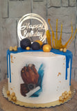 Custom masculine themed 8 inch round cake, fondant motifs cake, with topper