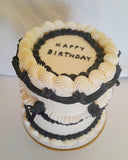 CAKE, birthday cake, round cake, cake, simple vintage look, white with black details
