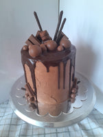 Cake, Decadent chocolate cake,  6 inch round, drip and candy bars topped
