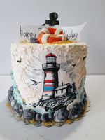 Birthday cake, lighthouse cake, ocean themed, 6 inch round