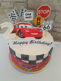 Custom car themed cake, fondant motifs cake, with topper