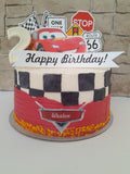 Custom car themed cake, fondant motifs cake, with topper
