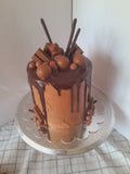 Cake, Decadent chocolate cake,  6 inch round, drip and candy bars topped