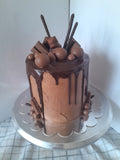 Cake, Decadent chocolate cake,  6 inch round, drip and candy bars topped
