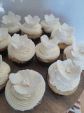 Cupcakes, by the dozen, 1 dozen, white wedding cupcakes with hand shaped gumpaste flower