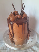 Cake, Decadent chocolate cake,  6 inch round, drip and candy bars topped