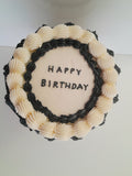 CAKE, birthday cake, round cake, cake, simple vintage look, white with black details