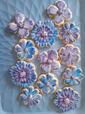 royal iced decorated floral cookies in blue and mauve tones, by 23sweets.com
