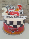 Custom car themed cake, fondant motifs cake, with topper