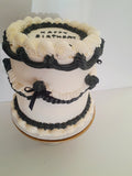 CAKE, birthday cake, round cake, cake, simple vintage look, white with black details