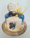 Custom masculine themed 8 inch round cake, fondant motifs cake, with topper