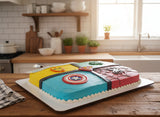 Birthday cake with superhero-themed decorations including Iron Man, Superman, Captain America, and Spider-Man.