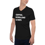 Unisex Short Sleeve V-Neck T-Shirt Coffee, Scrolling, & naps, funny t-shirt, black t-shirt