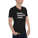 Unisex Short Sleeve V-Neck T-Shirt Coffee, Scrolling, & naps, funny t-shirt, black t-shirt