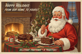 Vintage Santa Claus eating slice of Dark Fruitcake