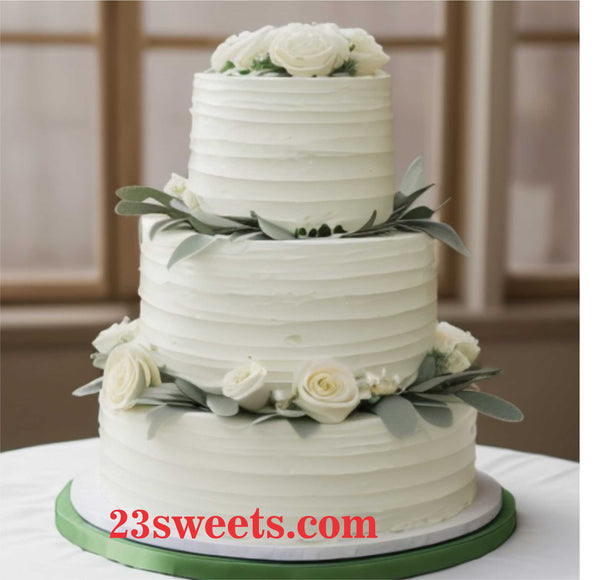 Wedding Cake with sage greenery details, wedding cakes, 3 tiers ridged wedding cake , 6 and 8 and 10" inch round tiers