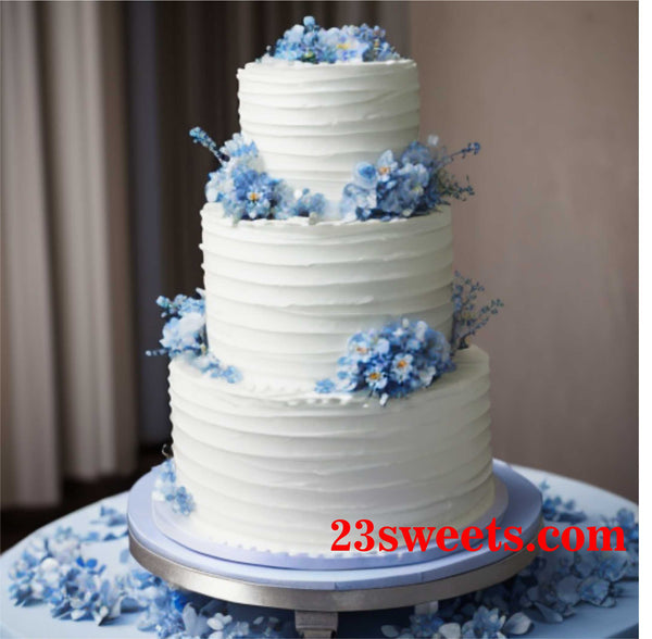 Wedding Cake with blue flowers, wedding cakes, 3 tiers ridged wedding cake , 6 and 8 and 10" inch round tiers